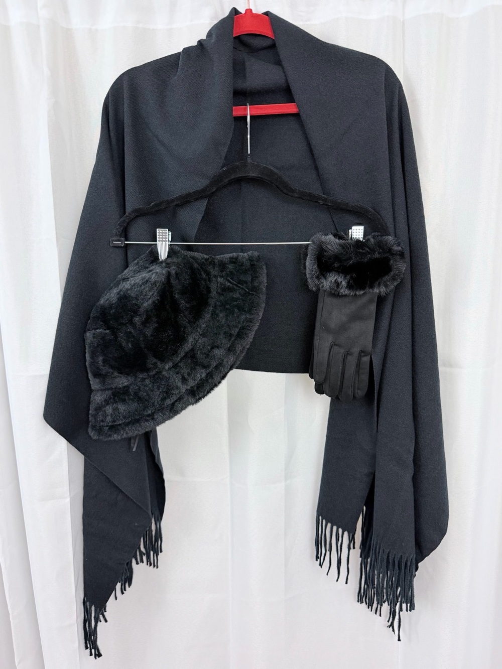 Black Faux-Fur Bucket Hat, Gloves w/Fur Trim & Shawl Set OSFM